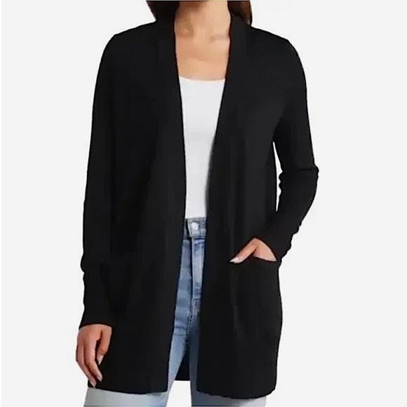 MADEWELL Kent Black Cardigan Open Front Sweater Pockets Minimalist Layering L - Picture 1 of 11
